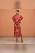 Vestido de manga abullonada en naranja/violeta