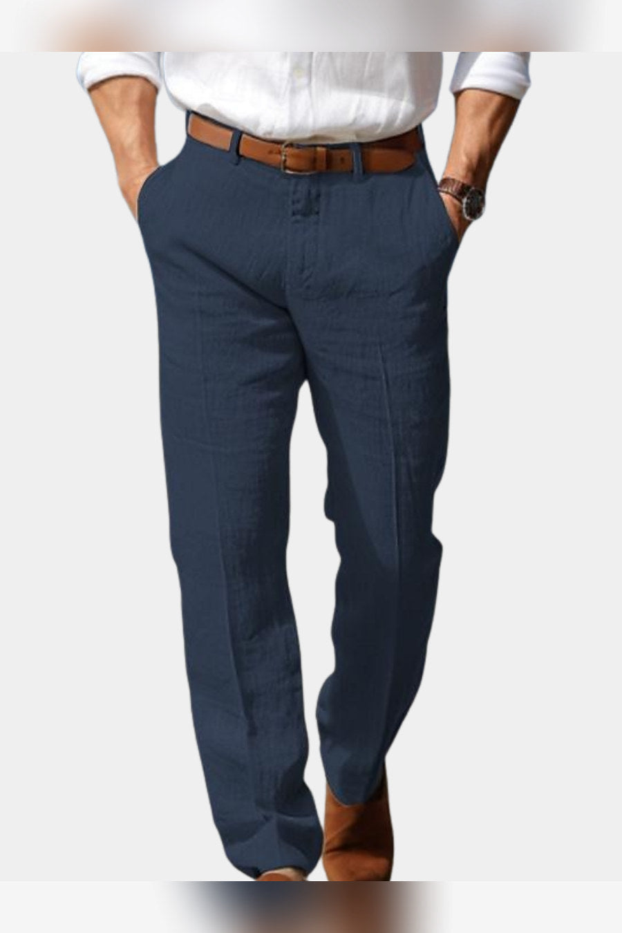 Pantalón de lino con trabillas en azul marino