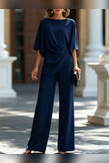 Conjunto de blusa drapeada y pantalón ancho en azul marino