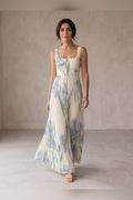 Vestido largo de línea A floral en blanco y azul