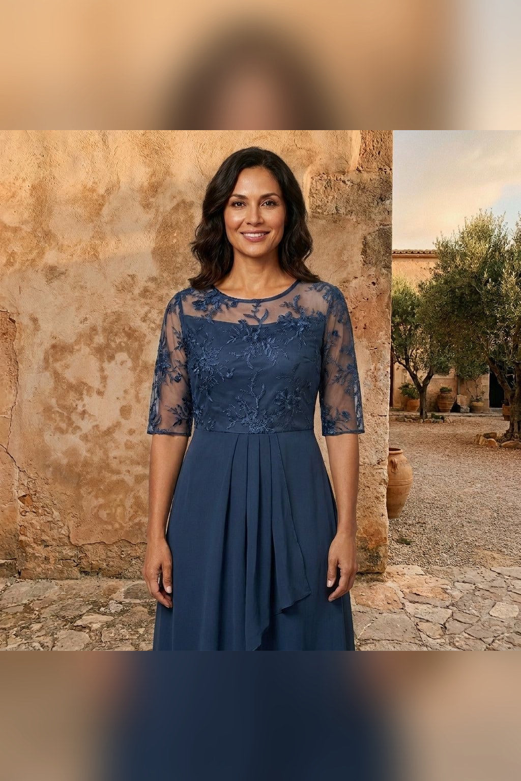 Vestido de gasa de manga larga en azul
