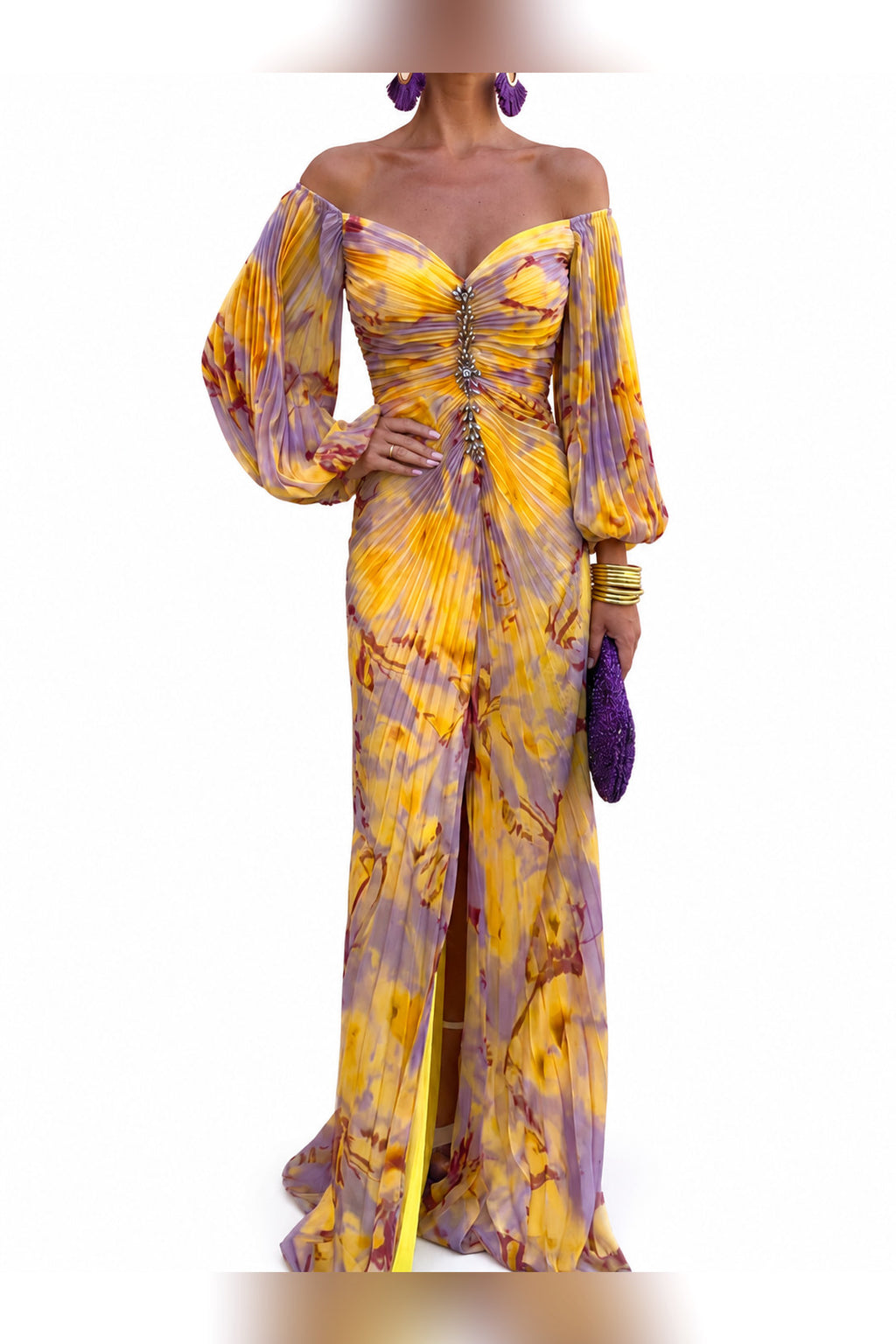 Vestido largo floral con escote de pico en amarillo
