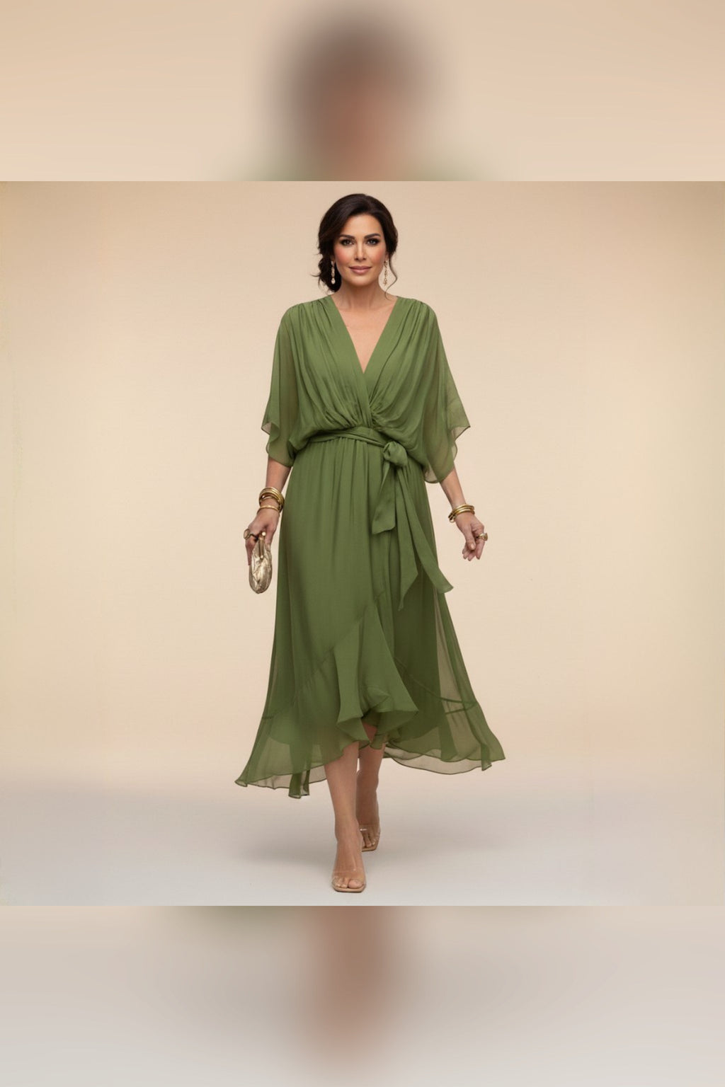 Vestido midi con cintura ajustable en verde