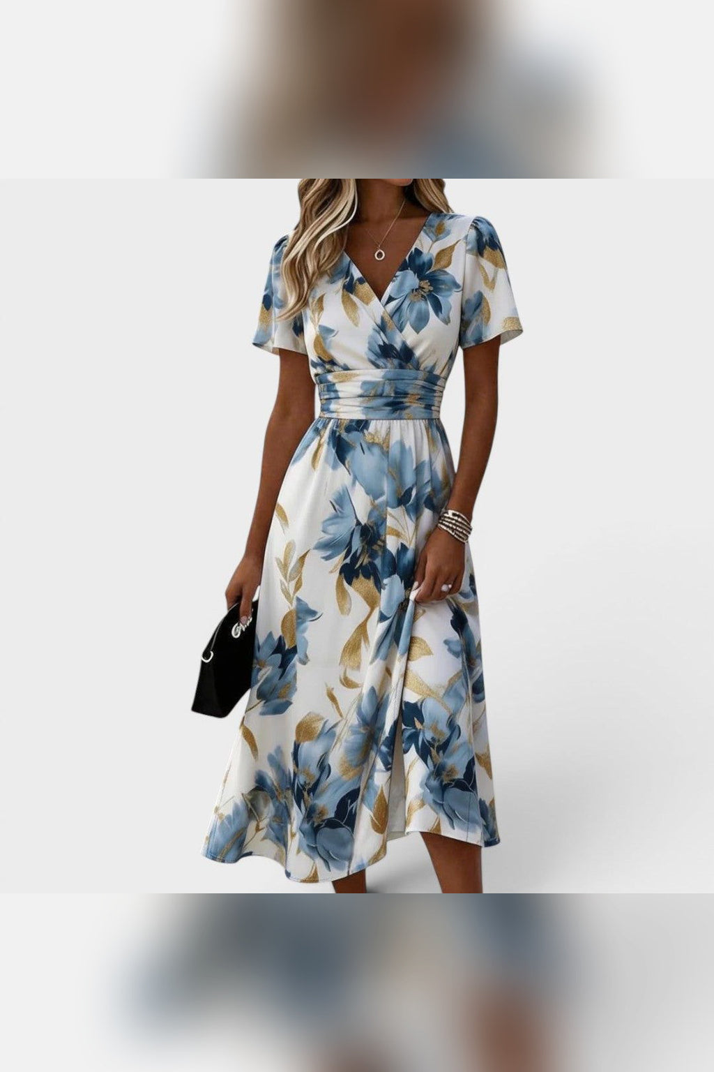 Vestido midi floral con cintura fruncida en multicolor