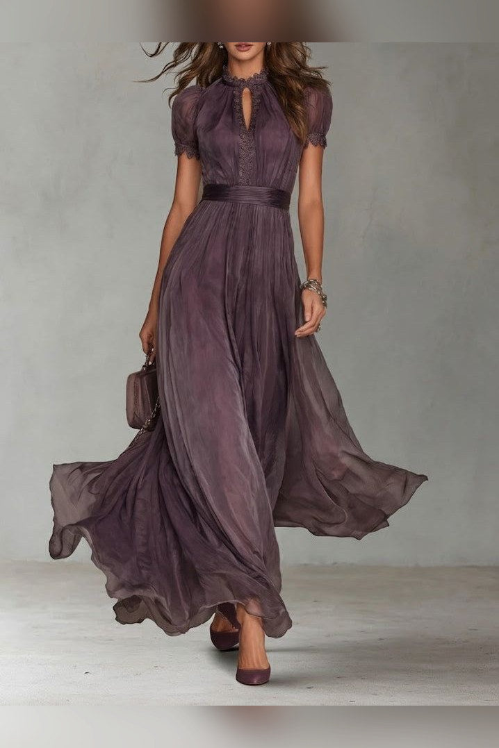 Vestido largo de gasa con encaje en violeta