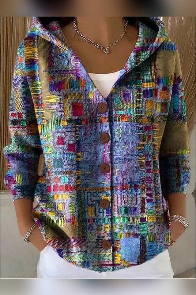 Chaqueta de punto estampada con capucha en morado