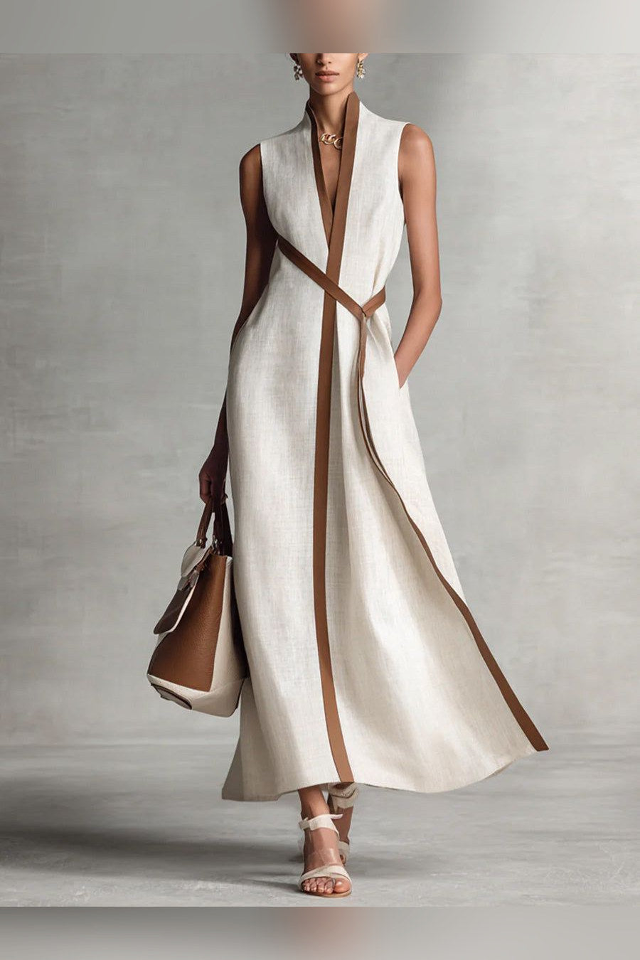 Vestido largo de lino sin mangas en blanco