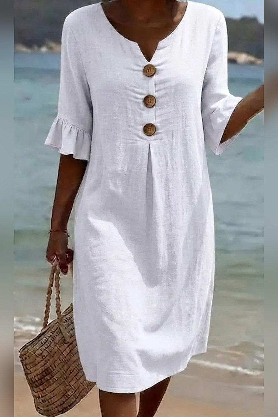 Vestido de algodón y lino abotonado en blanco