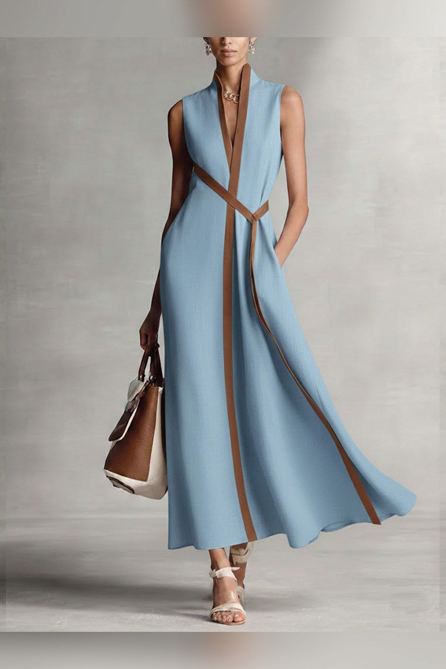 Vestido largo de lino sin mangas en azul claro