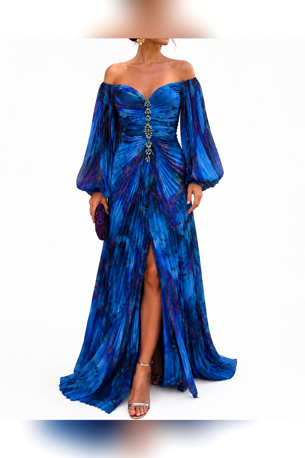 Vestido largo floral con escote de pico en azul
