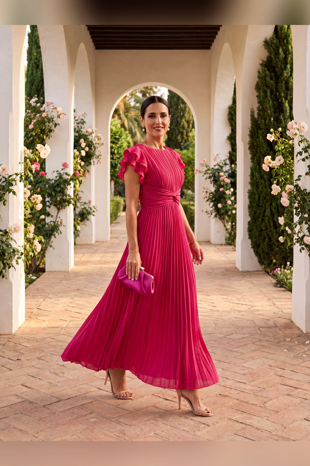 Vestido largo plisado con cintura anudada en rosa