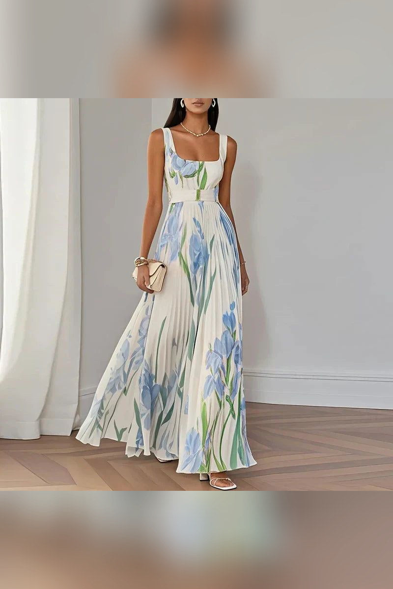 Vestido largo de línea A floral en blanco y azul
