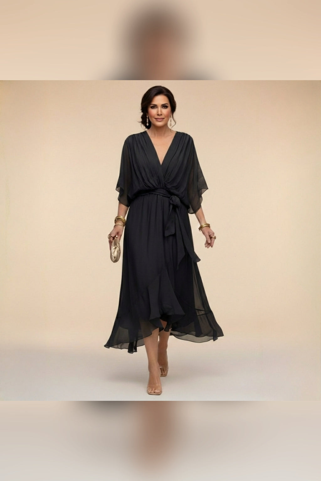 Vestido midi con cintura ajustable en negro
