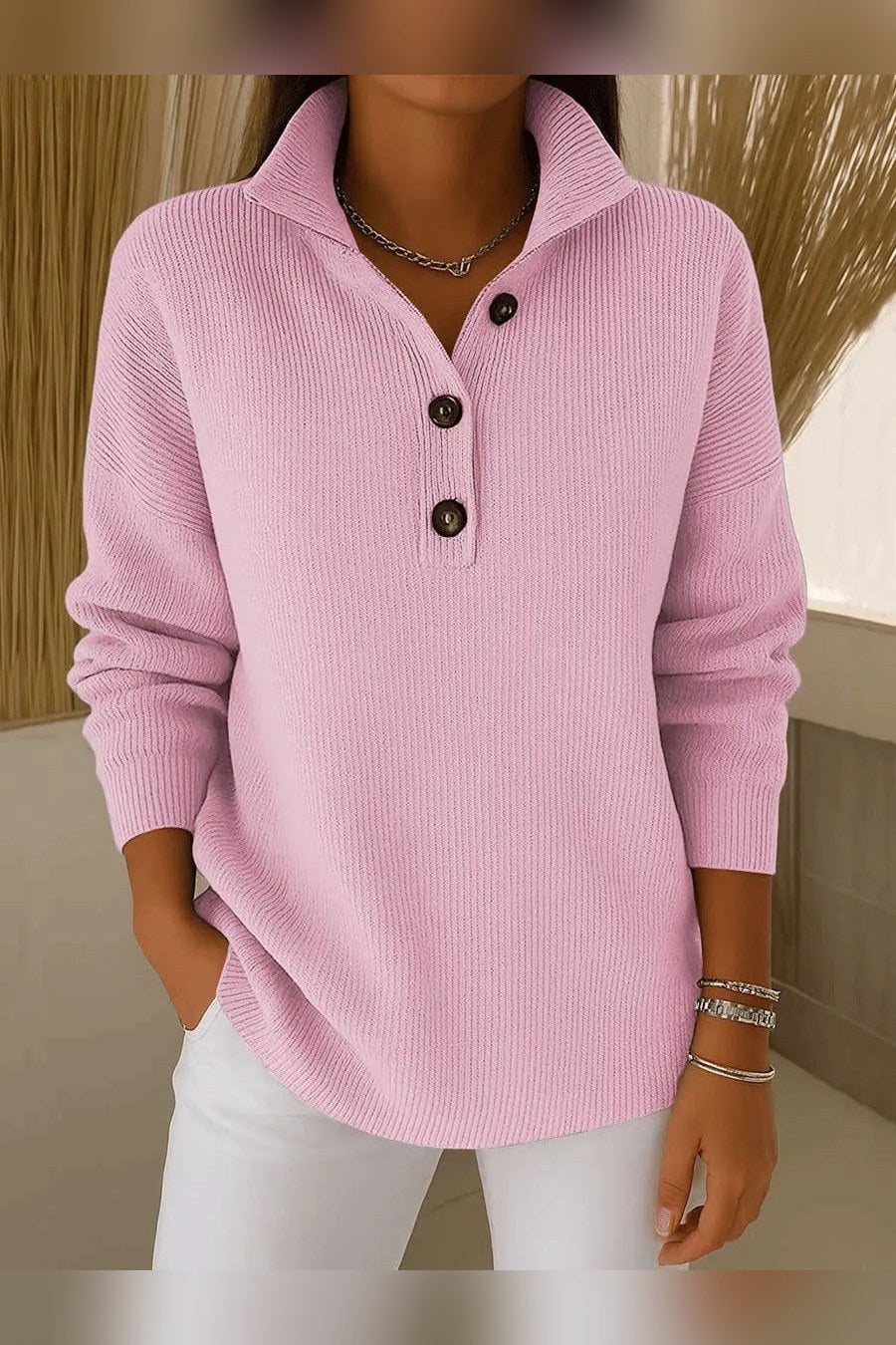 Jersey polo con cuello de pico en rosa empolvado
