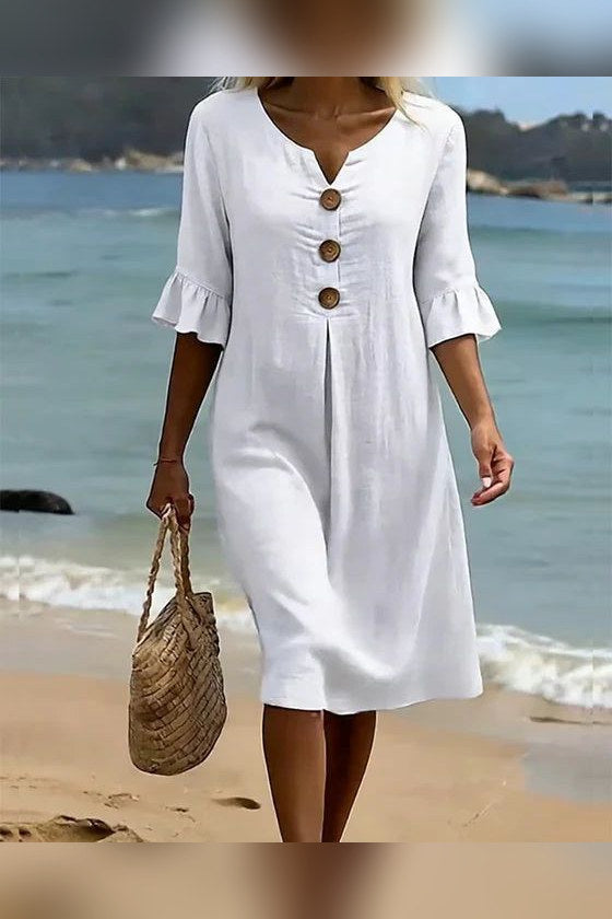 Vestido de algodón y lino abotonado en blanco