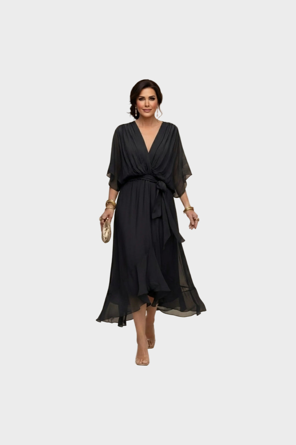 Vestido de gasa con escote de pico en negro