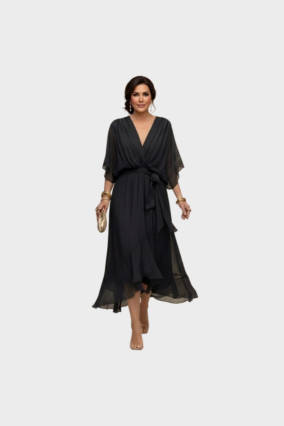Vestido de gasa con escote de pico en negro