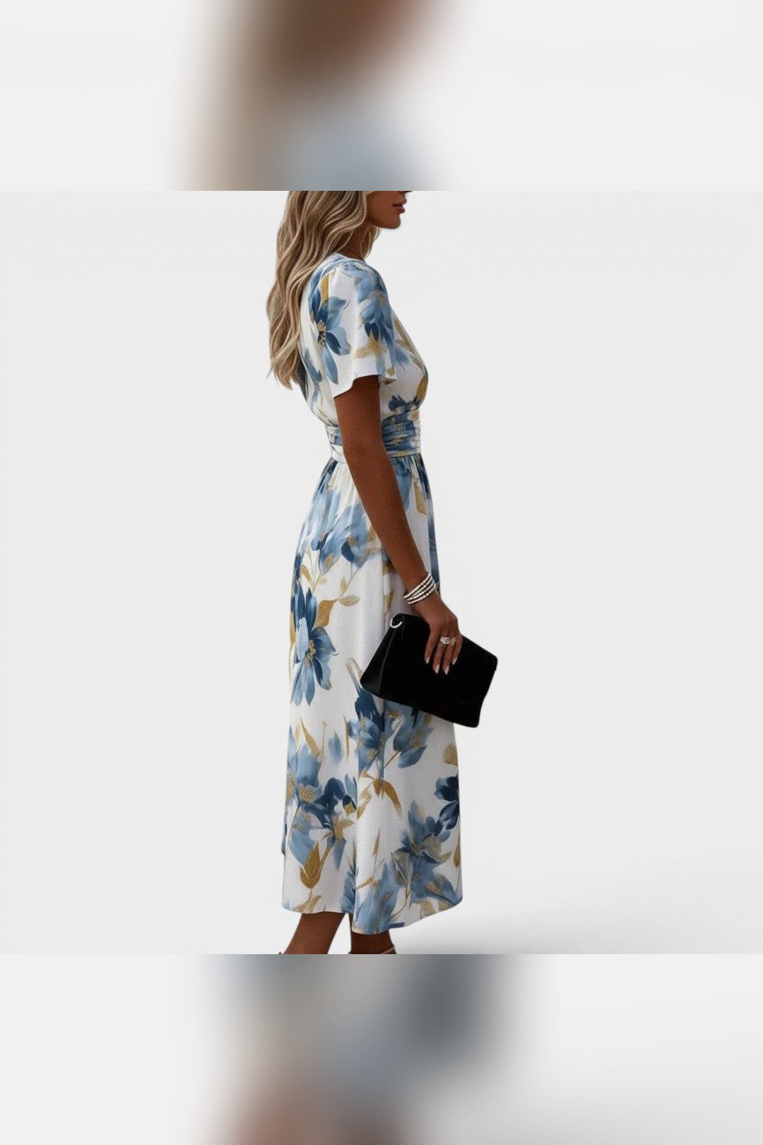 Vestido midi floral con cintura fruncida en multicolor