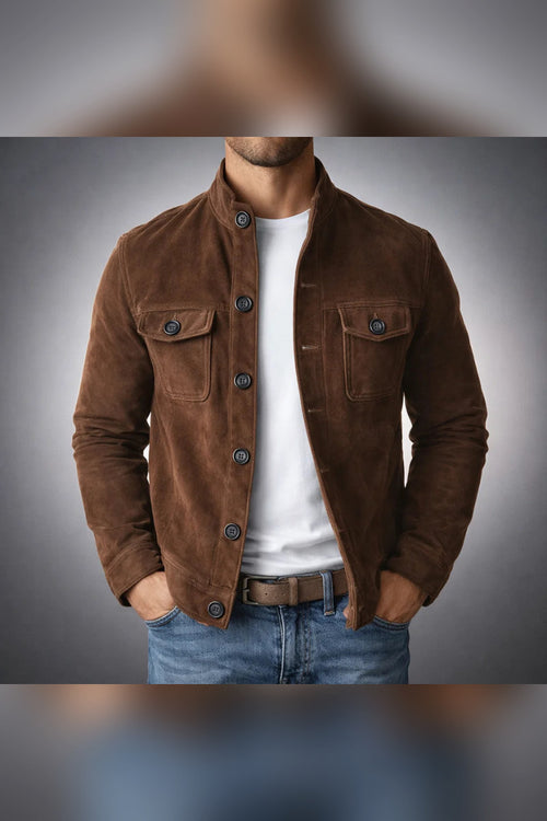 Bomber de ante con cuello elástico en marrón oscuro