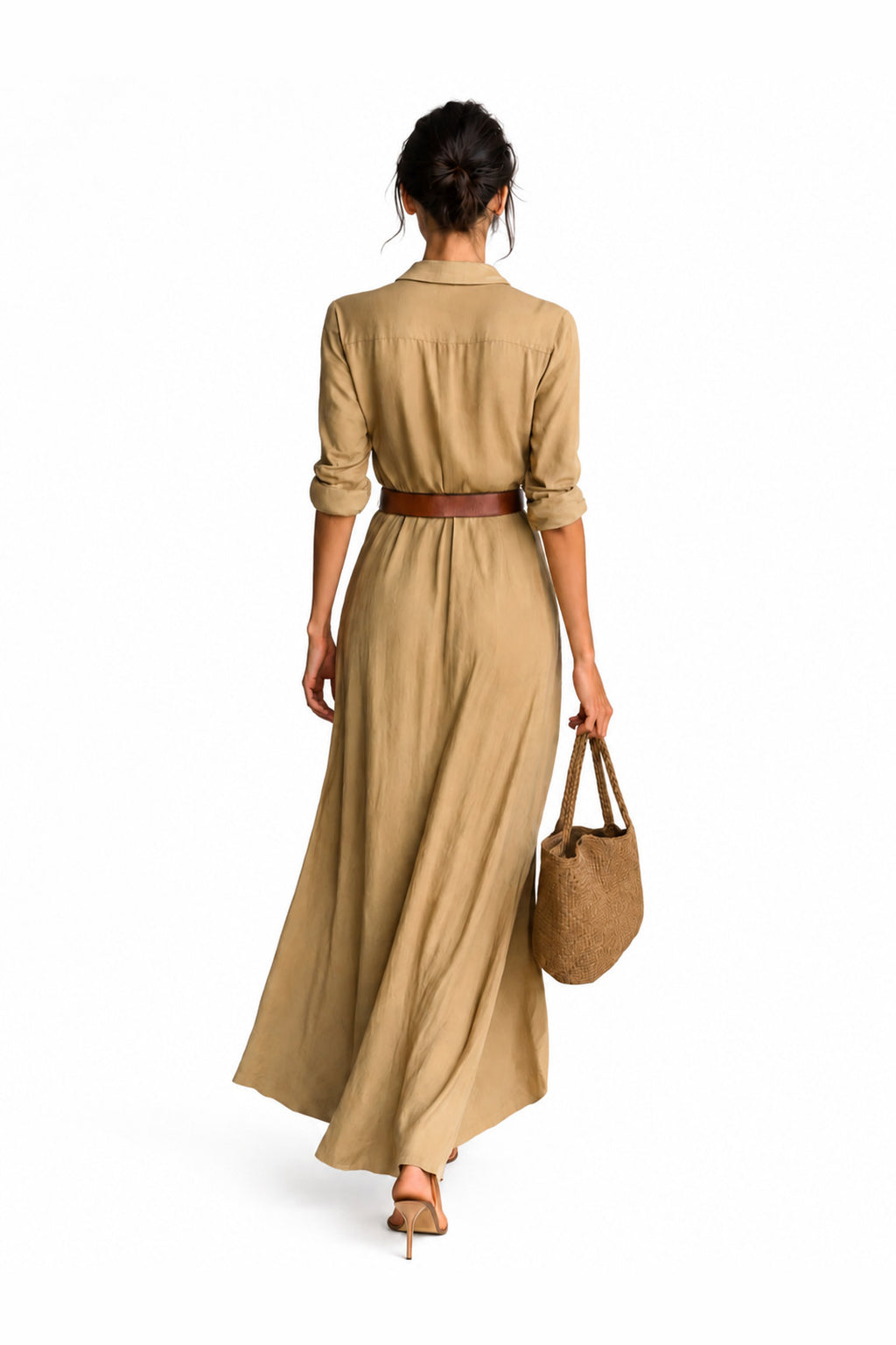 Vestido largo con solapa y cinturón en marrón claro