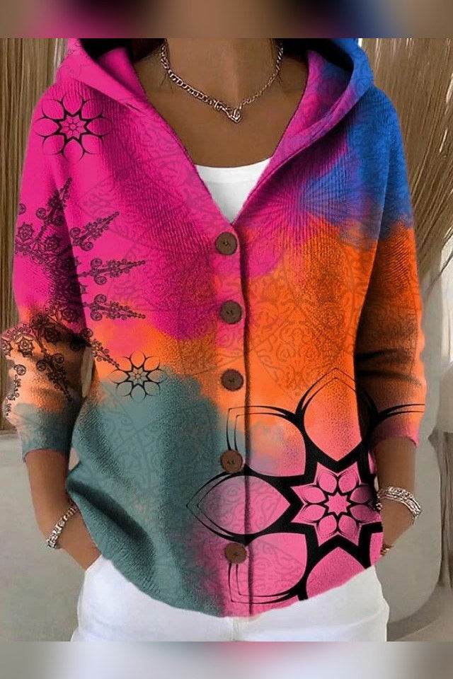 Chaqueta de punto estampada con capucha en fucsia