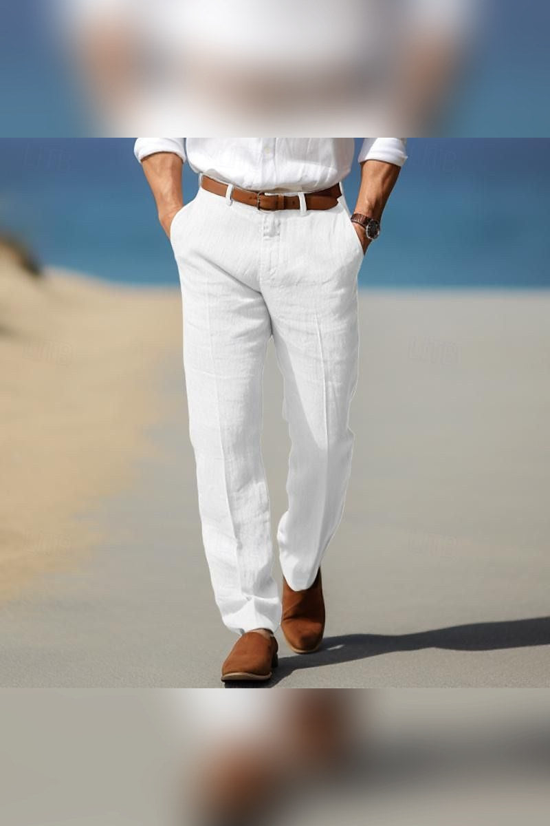 Pantalón de lino con trabillas en blanco