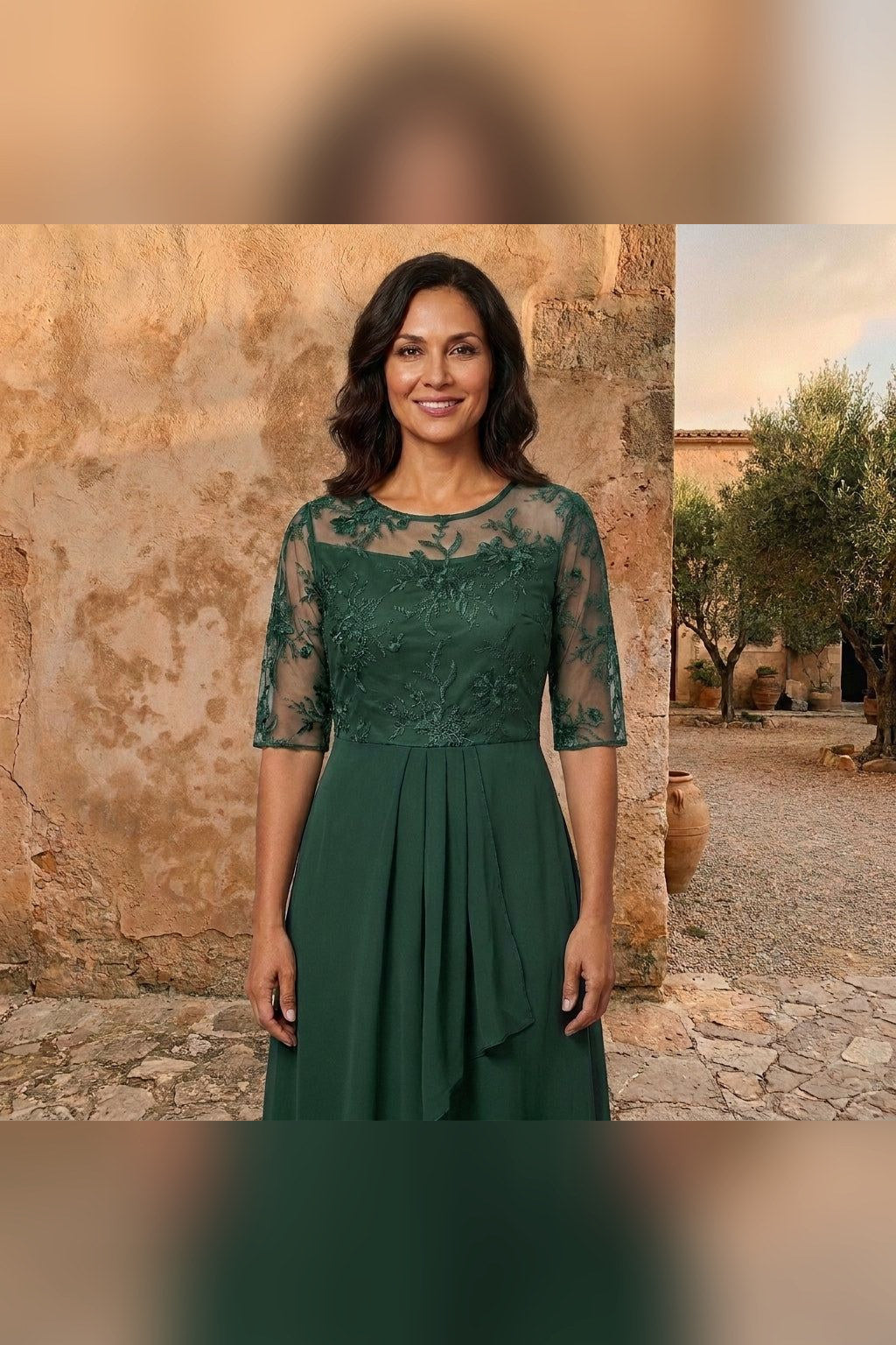 Vestido de gasa de manga larga en verde