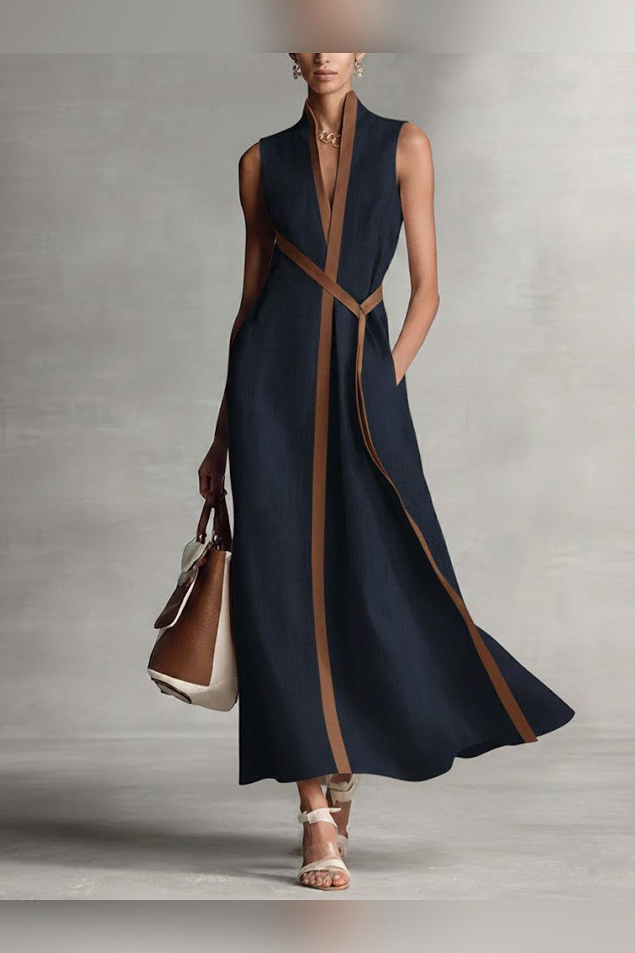 Vestido largo de lino sin mangas en azul marino