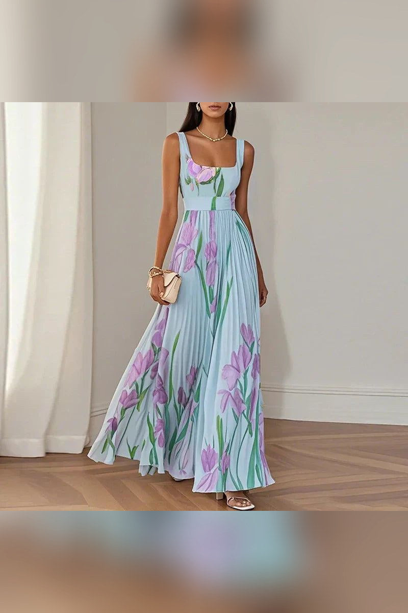 Vestido largo de línea A floral en azul y violeta