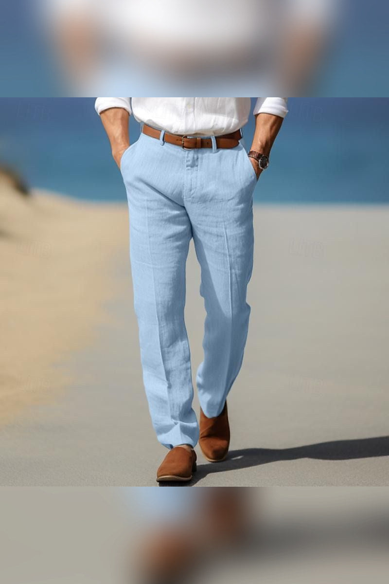 Pantalón de lino con trabillas en azul