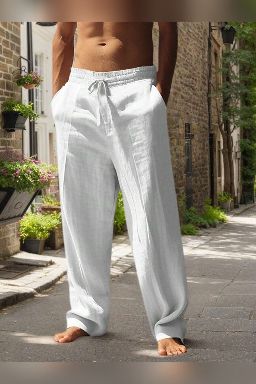 Pantalón de lino con cordón en blanco
