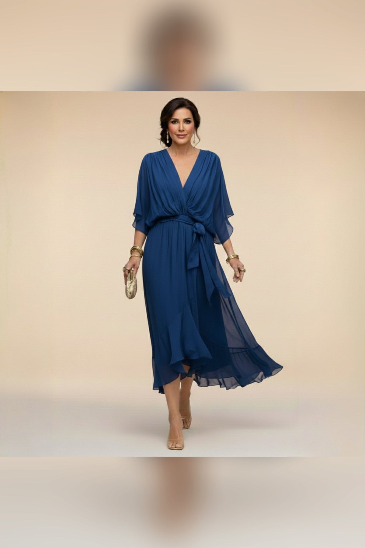 Vestido midi con cintura ajustable en azul marino