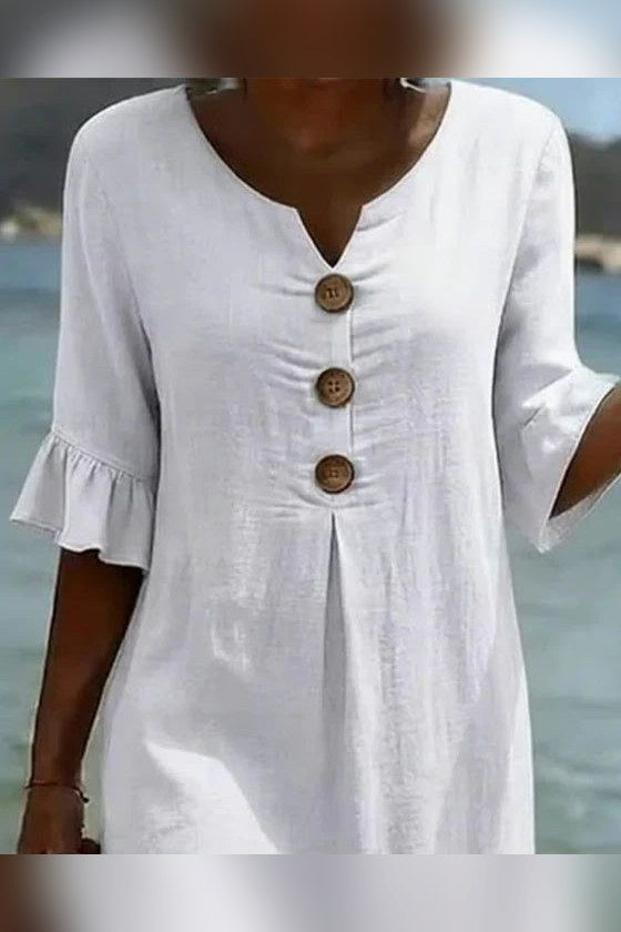 Vestido de algodón y lino abotonado en blanco