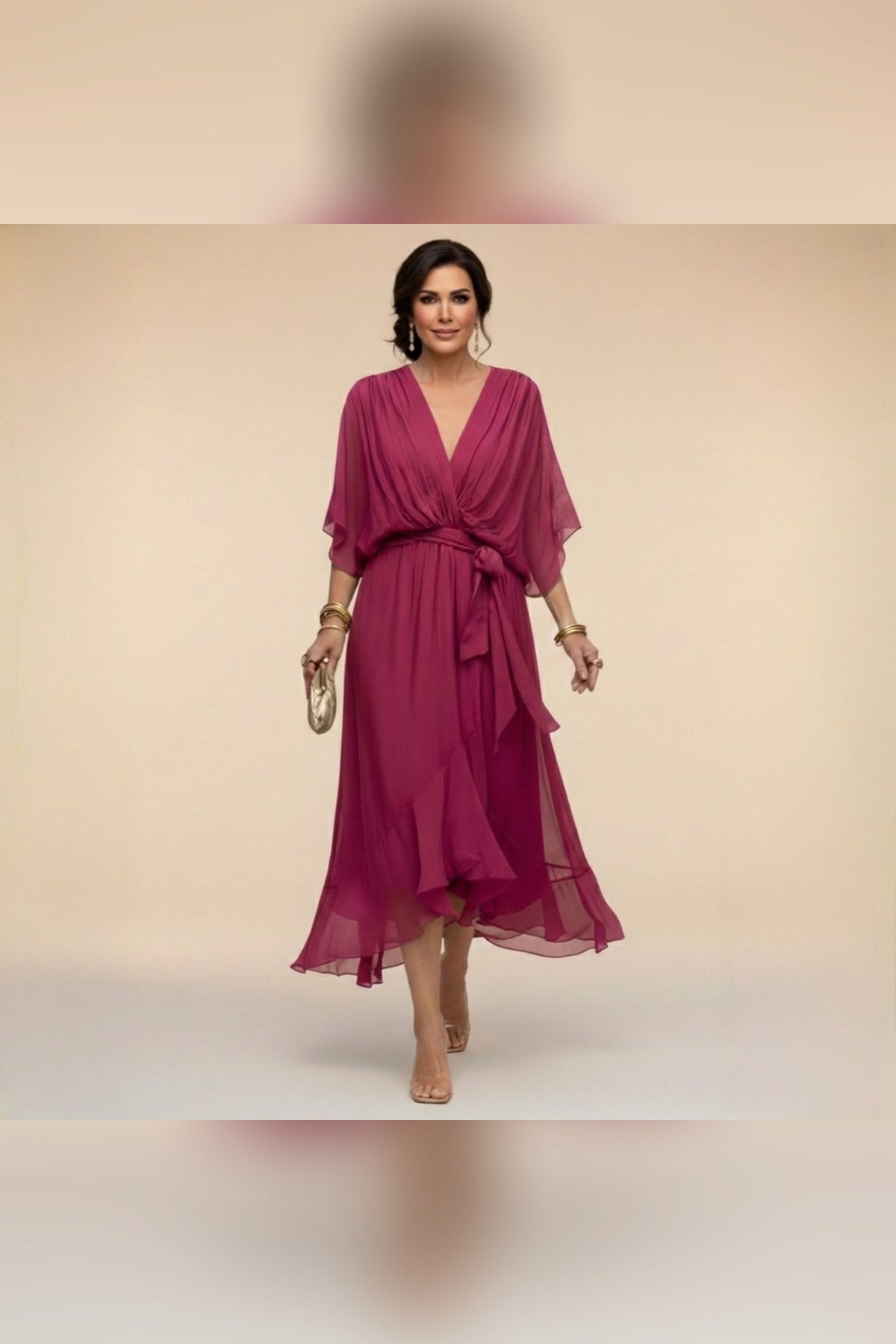 Vestido midi con cintura ajustable en púrpura oscuro