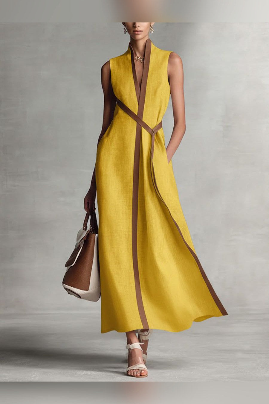 Vestido largo de lino sin mangas en amarillo