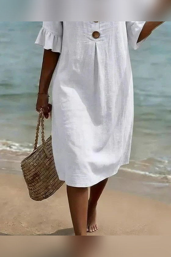 Vestido de algodón y lino abotonado en blanco
