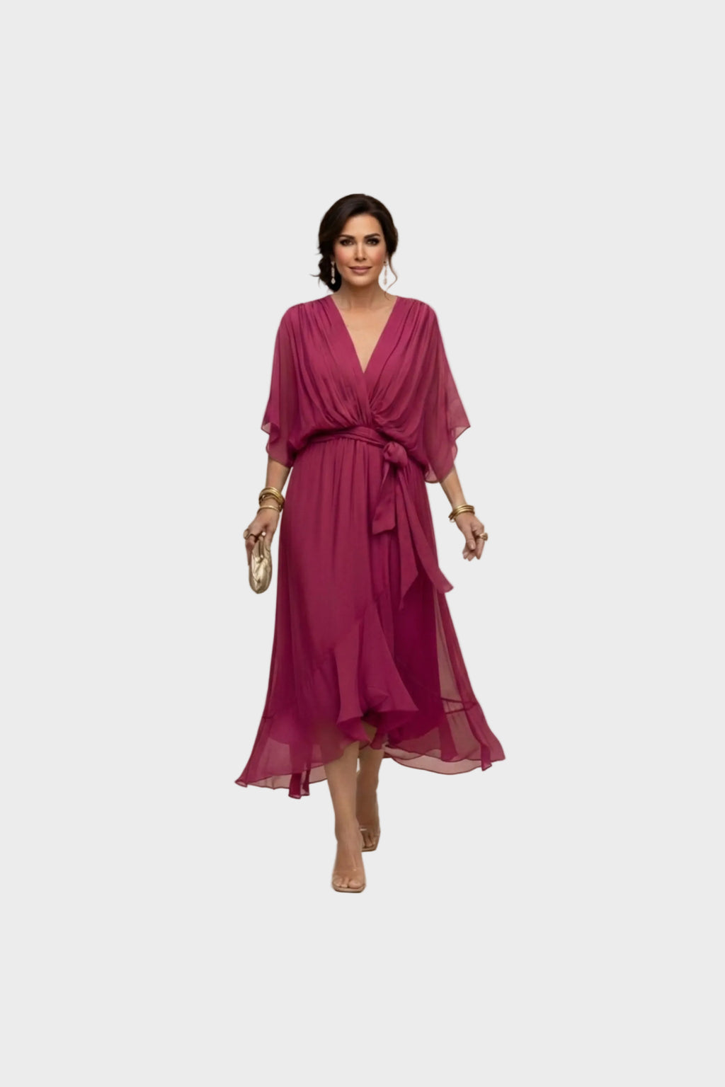 Vestido de gasa con escote de pico en púrpura oscuro