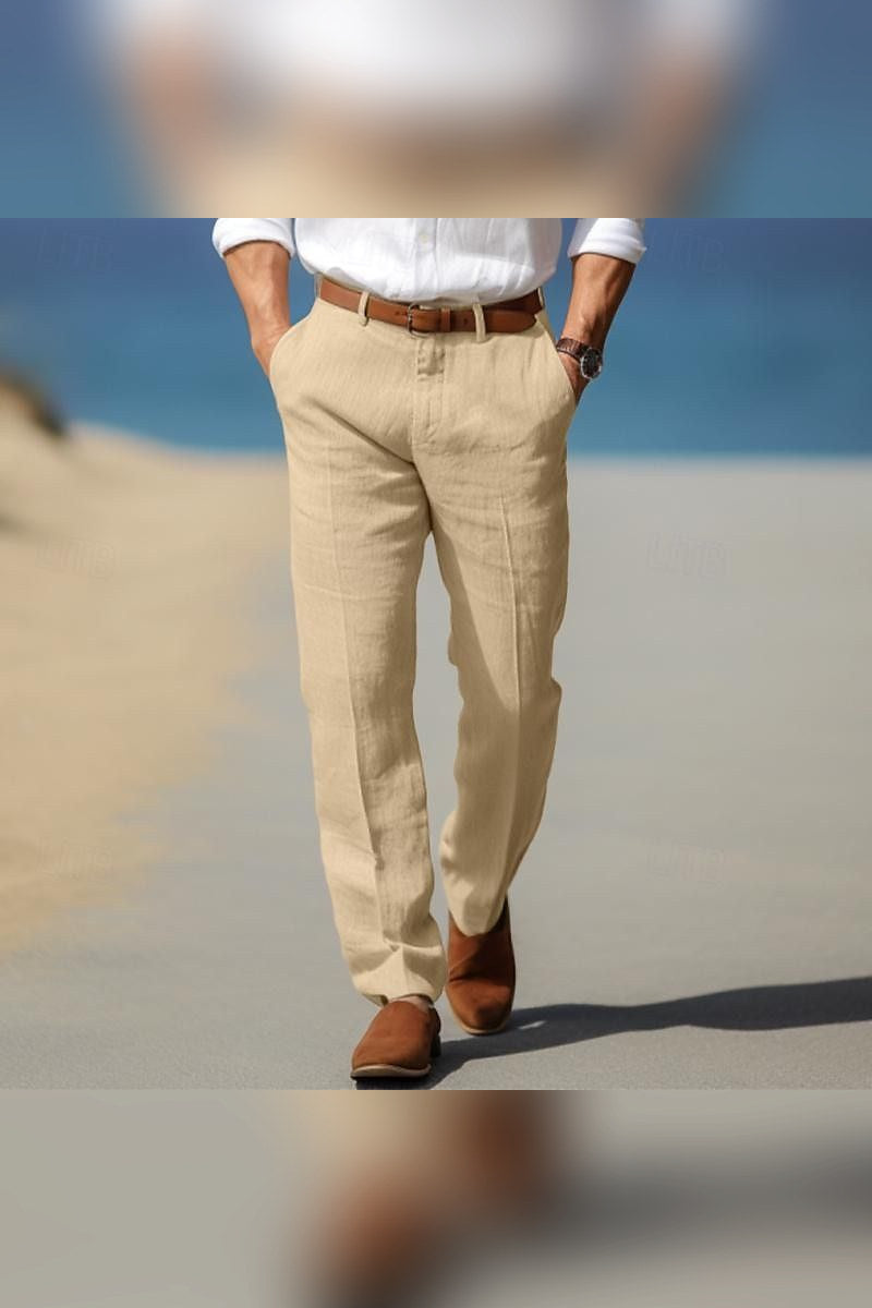 Pantalón de lino con trabillas en beige