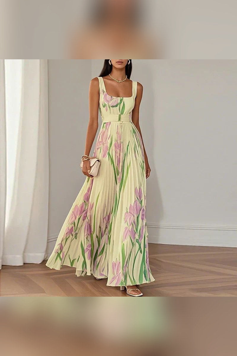 Vestido largo de línea A floral en amarillo y rosa