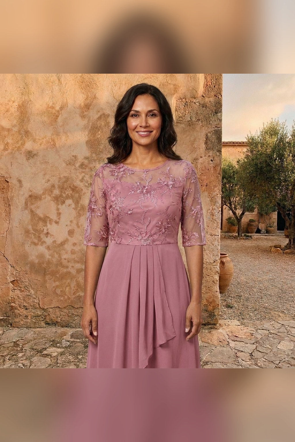 Vestido de gasa de manga larga en rosa