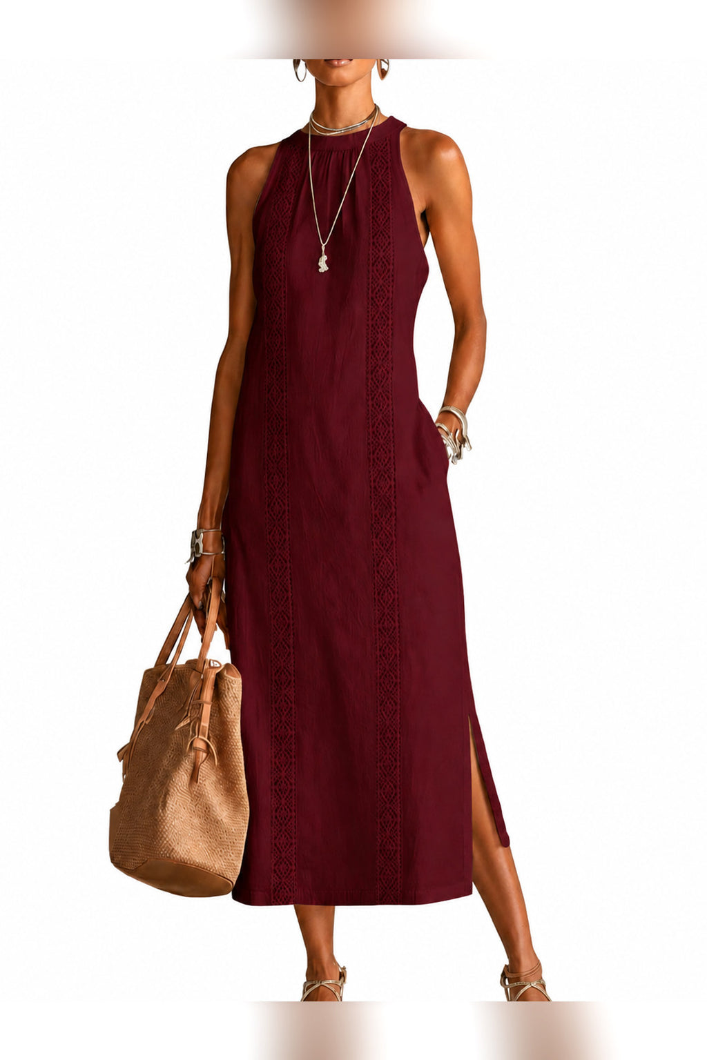 Vestido midi de cuello mao en burdeos