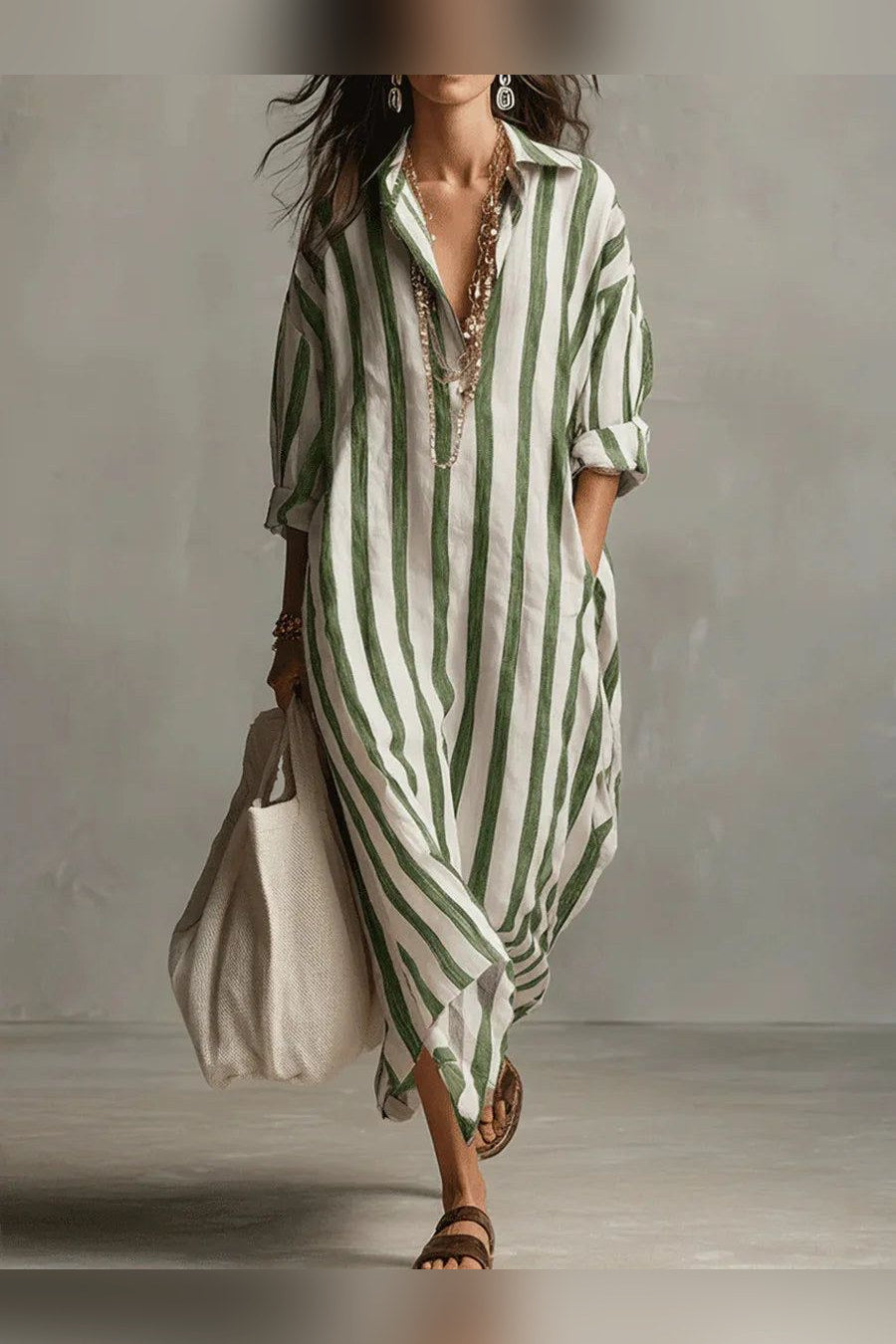 Vestido camisero largo de rayas en verde