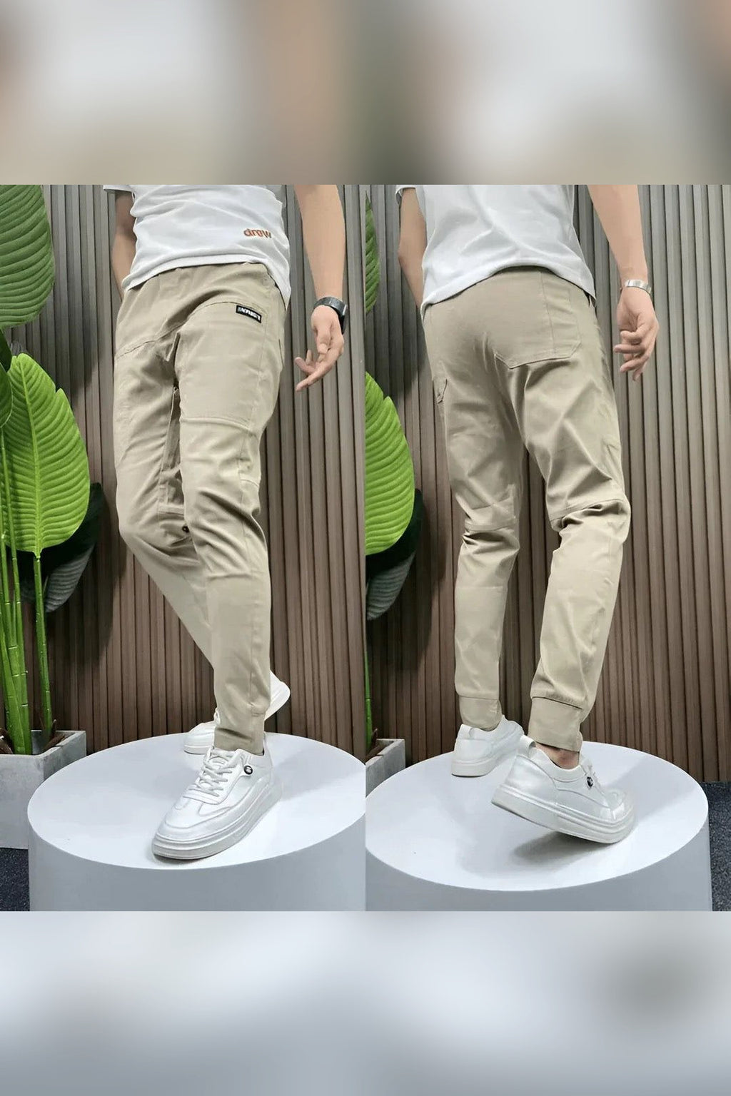 Pantalón cargo elástico en beige