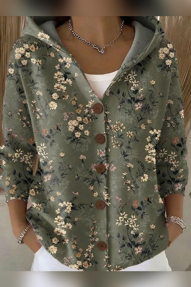 Chaqueta de punto estampada con capucha en verde oscuro