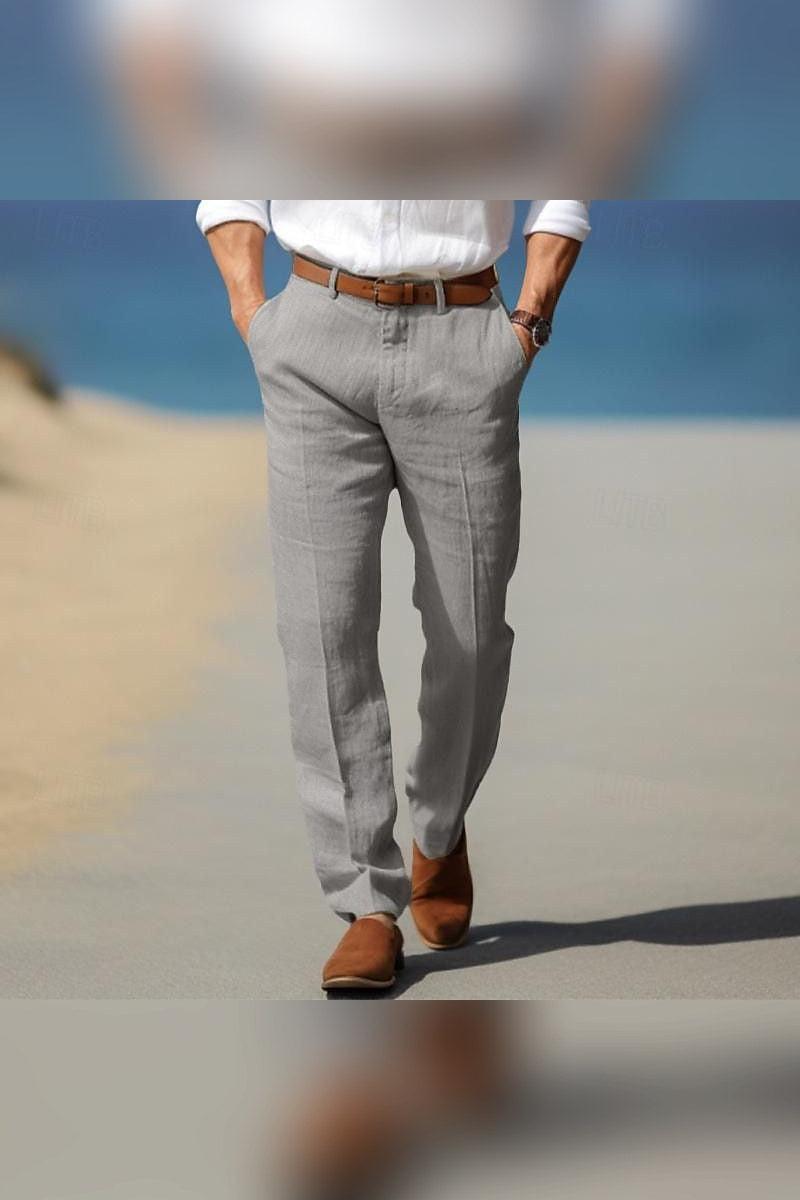 Pantalón de lino con trabillas en gris