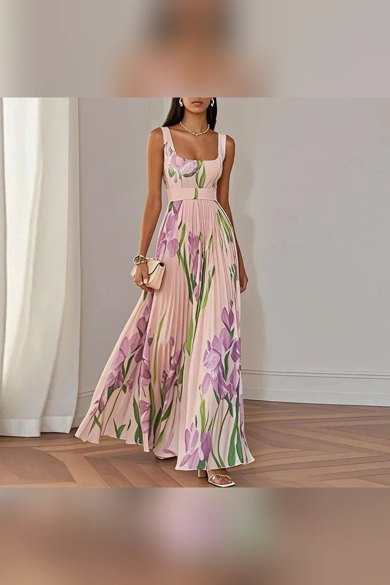 Vestido largo de línea A floral en albaricoque y violeta