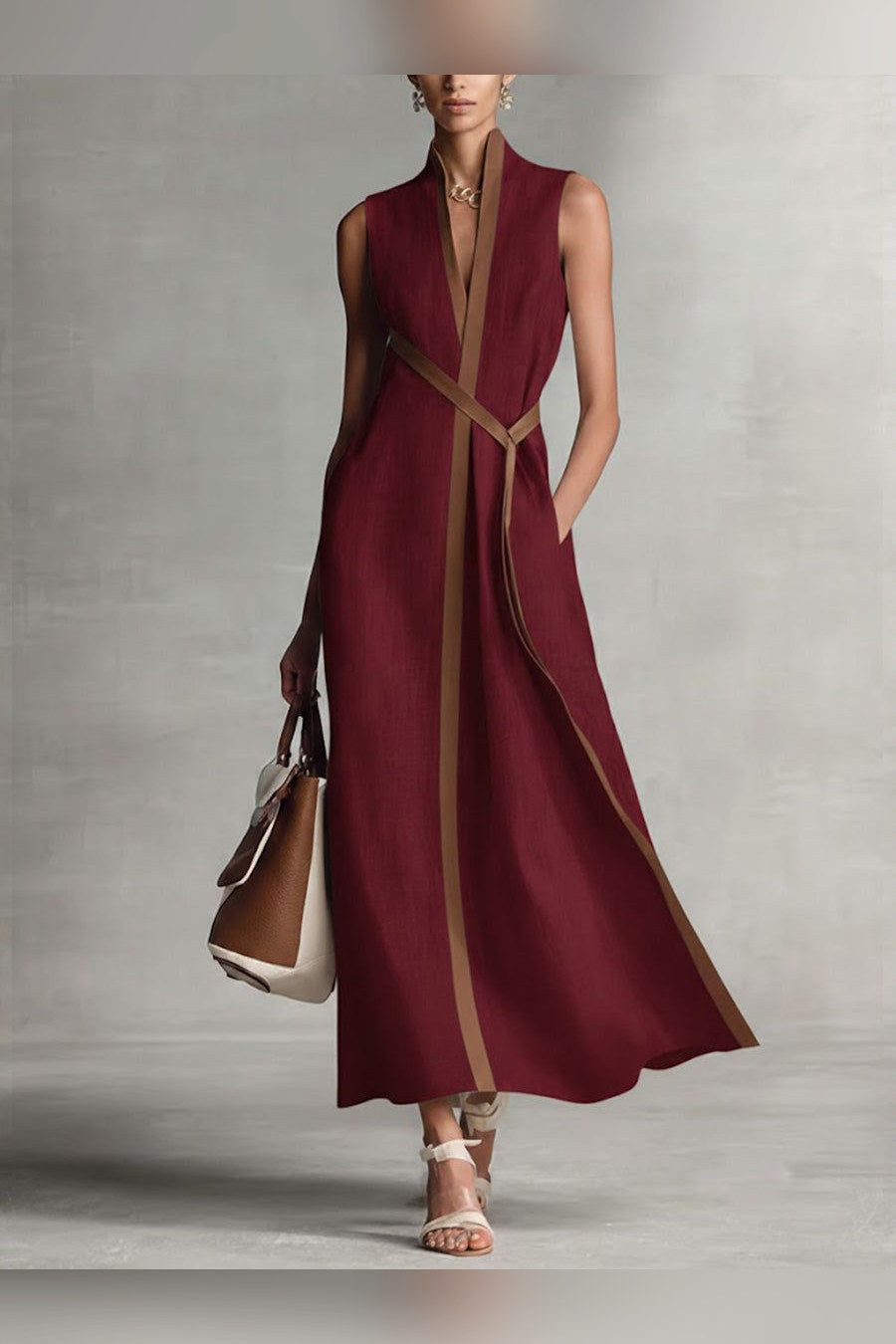 Vestido largo de lino sin mangas en rojo
