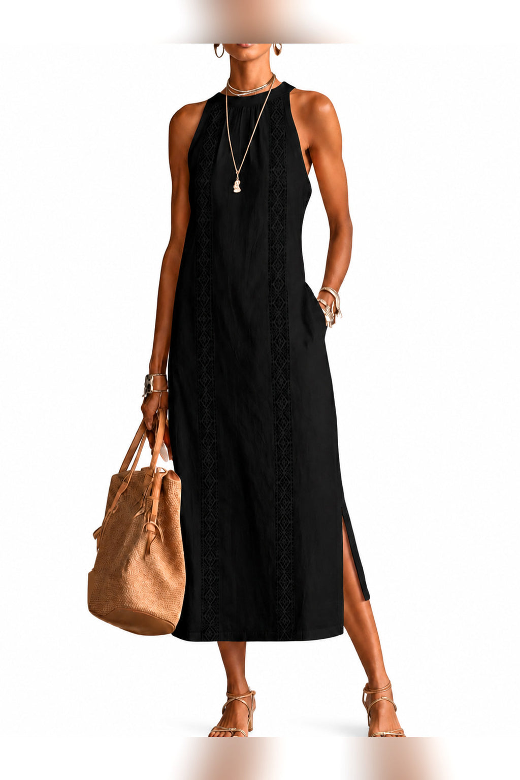 Vestido midi de cuello mao en negro