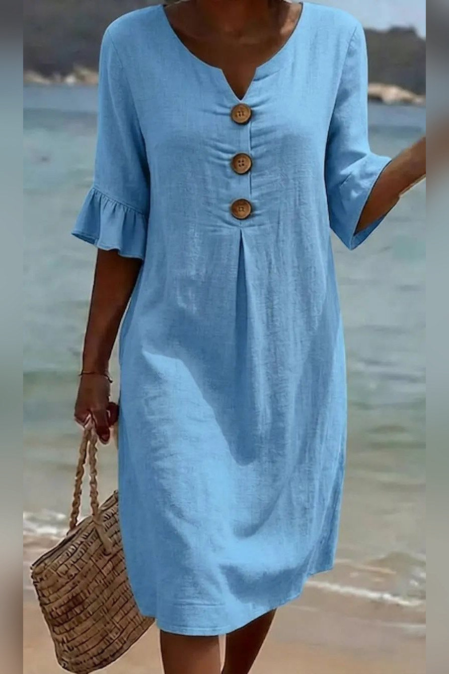 Vestido de algodón y lino abotonado en azul