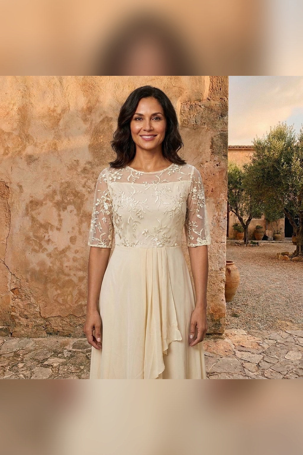 Vestido de gasa de manga larga en crema